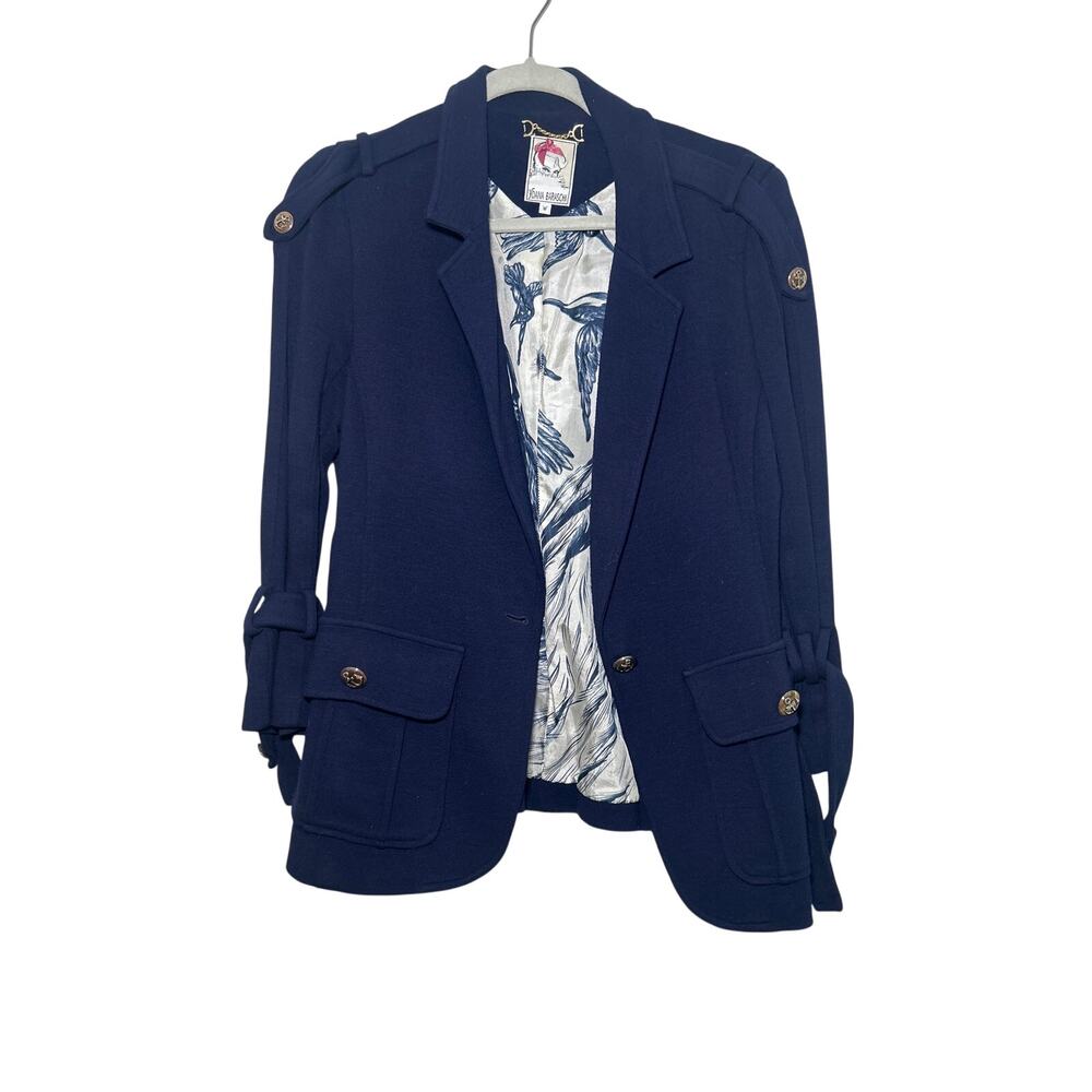 Yoana Baraschi Women’s Navy Blue Blazer Jacket Floral Lining Button Front Medium